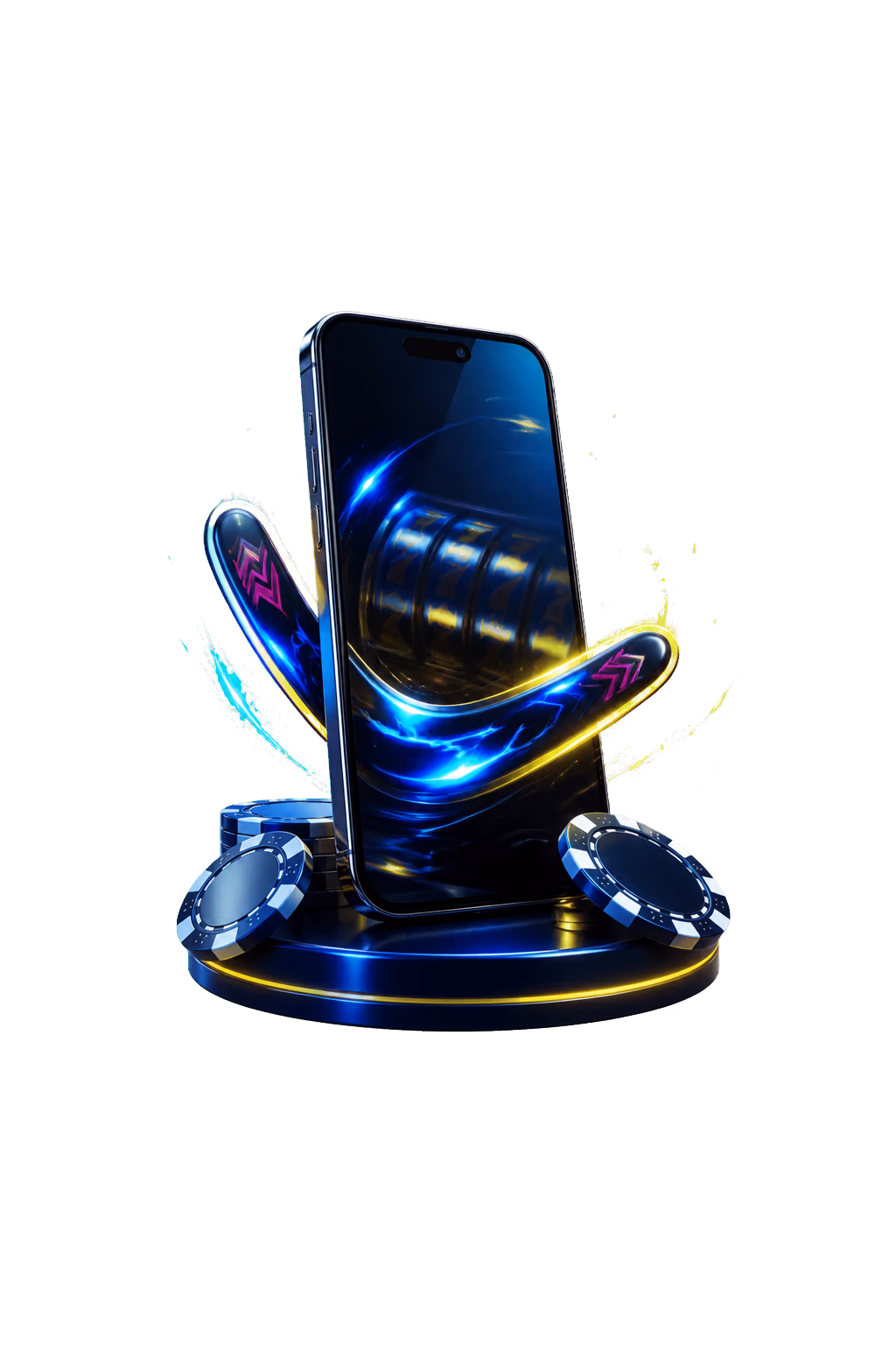 Black and gold smartphone with casino reel symbols