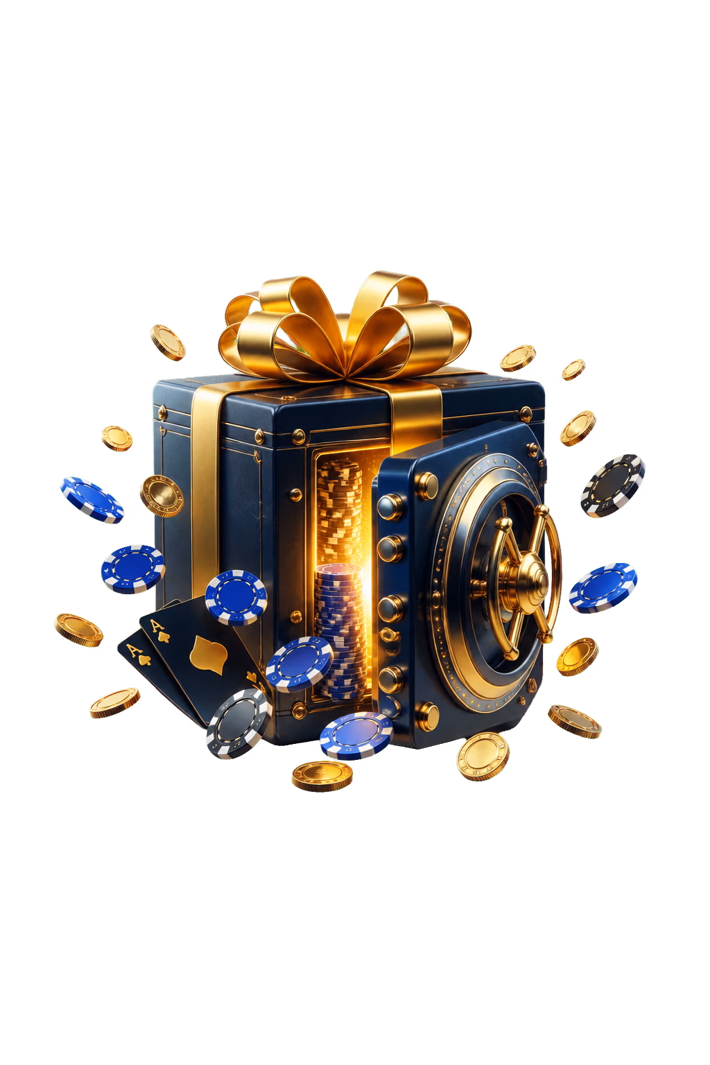 Black gift box with gold ribbon and casino chips