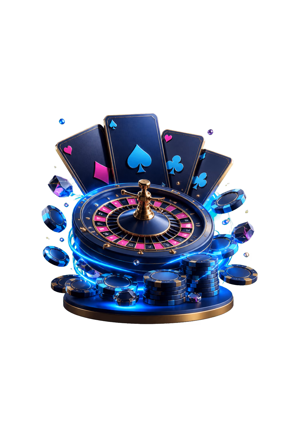 Black and gold roulette wheel, playing cards and dice