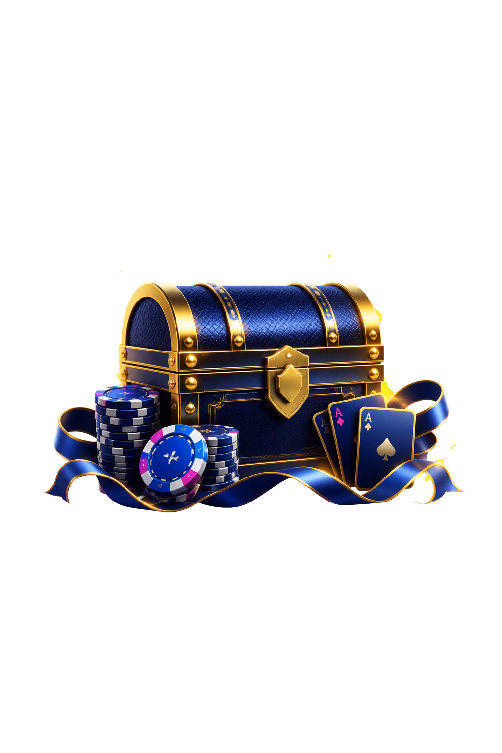 Black treasure chest with a casino chip and gold ribbon
