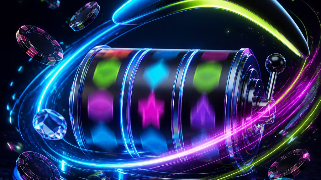 Online pokies free-spins scene with abstract reels and neon motion