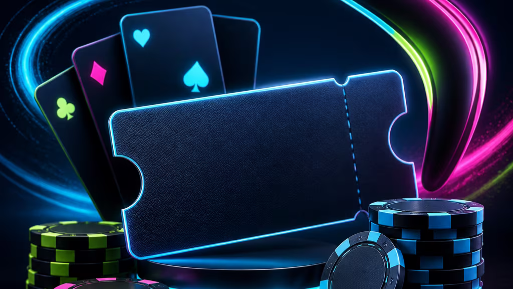 Promo code activation scene with abstract card and neon casino objects